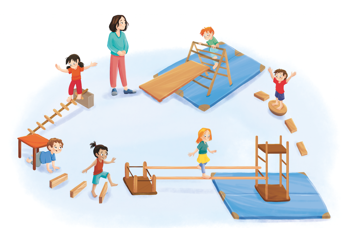 Illustration eines Bewegungs-Parcours in der Kita.