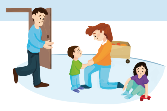 Illustration zeigt einen kleinen Jungen, der weint, weil sein Vater ihn gerade in der Kita abgegeben hat.