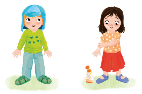 Illustration "Sonnenschutz - wir passen auf" zeigt, wie man empfindliche Kinderhaut am besten vor der Sonne schützt. Zum einen ist Sonnenschutz durch richtige Kleidung wirksam und einfach. Sonnengerechte Kleidung bedeckt möglichst viel vom Körper. Beispiele: Kappe oder Tuch mit Schirm und Nackenschutz, langarmiges Shirt oder T-Shirt, eng gewebte und weit geschnittene Stoffe, möglichst lange Hosen oder Röcke und Schuhe, die den Fuß weitgehend bedecken. Zusätzlichen Schutz bietet die Anwendung von Sonnencreme, Alle unbedeckten Stellen sollten mit Sonnenschutzmittel eingecremt werden. Die Eltern cremen die Kinder vor und nach der Kita ein. In der Kita wird nur noch nachgecremt. Hierbei gilt: Viel hilft viel - Sonnencreme ruhig dick und gleichmäßig auftragen. Am besten einen hohen Lichtschutzfaktor wählen (LSF 50) und eine wasserfeste Creme ohne Duft- und Konservierungsstoffe. Stirn, Ohren, Nase, Lippen, Kinn, Schultern und Fußrücken sind "Sonnenterrassen", diese besonders gründlich eincremen.