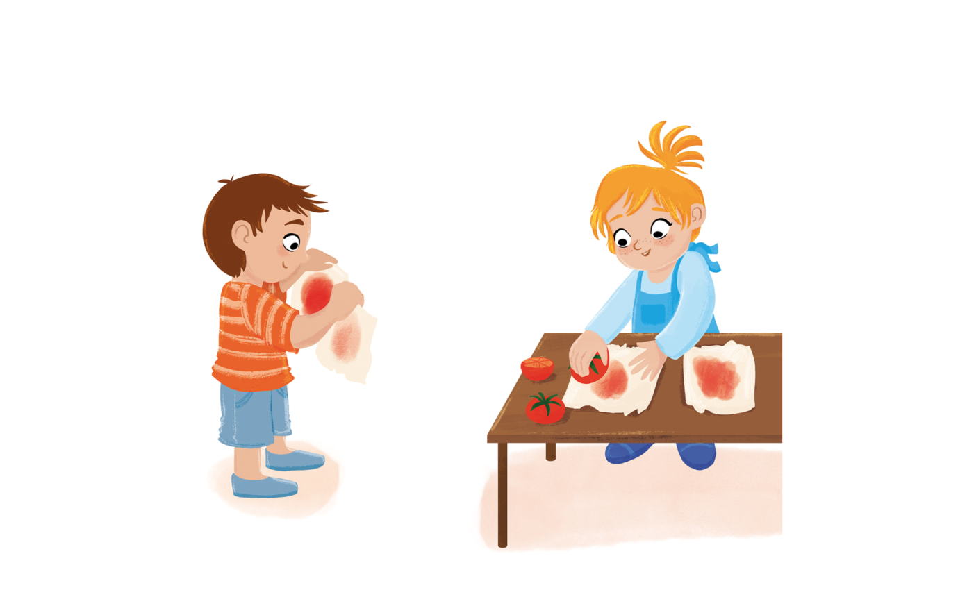 Illustration "Die Sonne bleicht aus" zeigt ein Experiment zum Bleichen von Gemüsesaft in der Sonne, um Kindern anschaulich zu zeigen, wie viel Kraft direktes Sonnenlicht hat. Hierzu wird mit angeschnittenem Gemüse, dessen Saft austritt auf zwei Stück weißem Papier oder Stoff etwas gemalt. Dann wird eines der Papiere oder der Stoffe in die pralle Sonne gelegt. Das andere Stück wird an eine schattige Stelle im Raum gelegt. Nach einigen Tagen wird verglichen. Zu Beginn sind die Farben auf allen Blättern oder Stoffen gleich intensiv. Bereits nach ein bis zwei Stunden wird aber ein Unterschied erkennbar. Die Farben auf den sonnenbeschienen Blättern oder Stoffen werden heller. Nach einigen Stunden sind einige fast nicht mehr zu sehen oder sogar ganz verschwunden.