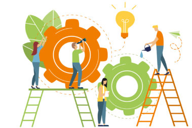 Flat vector illustration, teamwork on finding new ideas, little people launch a mechanism, search for new solutions, creative work; Shutterstock ID 1055054996; Job-/Projektnummer: - Illustration zum Thema "Mehr als nur reden" zeigt Erwachsene die gemeinsam an großen Zahnrädern drehen und arbeiten.