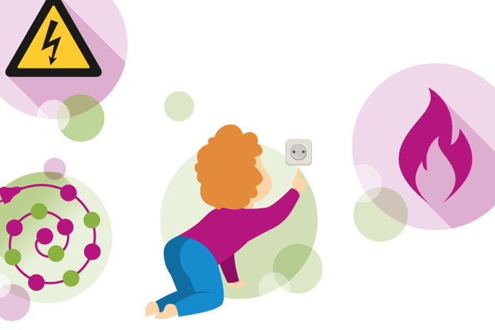 Illustration zeigt kleine Bildchen zum Thema Unfälle mit Strom, unter anderem ein Kind, das versucht, in eine Steckdose zu greifen.