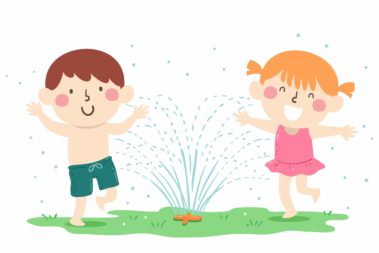 Illustration of Kids Wearing Swimsuit and Swimwear Playing Outdoors with Garden Sprinklers; Shutterstock ID 1345221302; Purchase Order: Kiki 02-2020; Job: 2510 Illustration von zwei Kindern, die unter dem Wasserstrahl eines Rasensprinklers herum hüpfen.