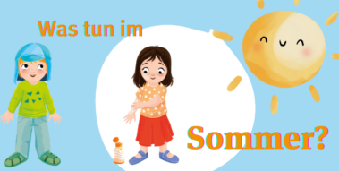 (Illustration von zwei Kindern, die sich gegen die Sonne schützen.) Kinder cremen sich mit Sonnencreme ein.