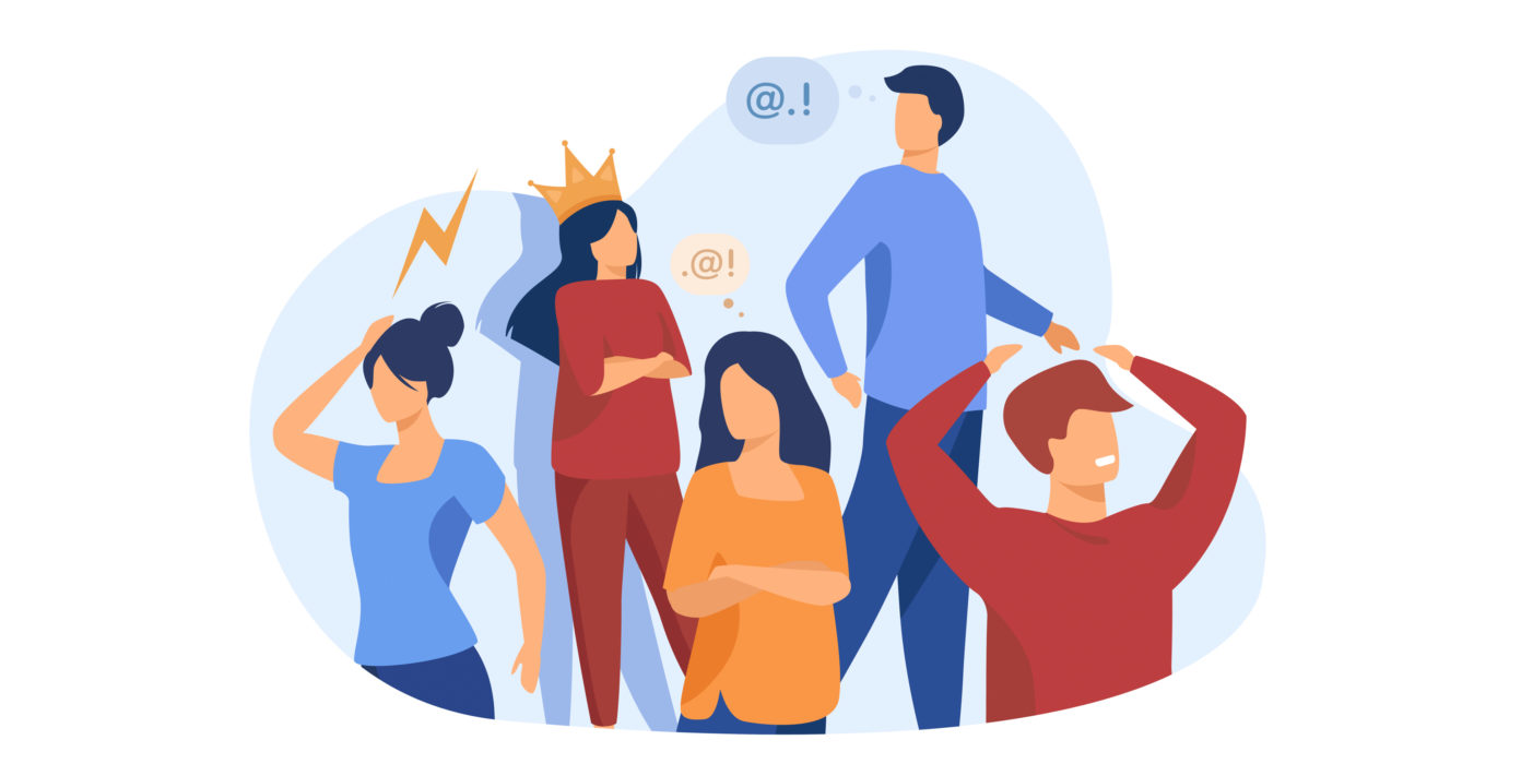 Illustration: Fünf Erwachsene setzen sich auseinander