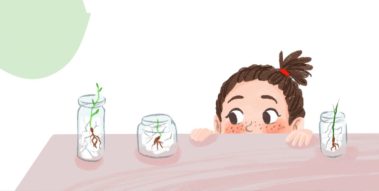 Illustration eines kleinen Mädchens, das neugierig in Pflanzgläser guckt (Illustration eines kleinen Mädchens, das neugierig in Pflanzgläser guckt) Illustration eines kleinen Mädchens, das neugierig in Pflanzgläser guckt