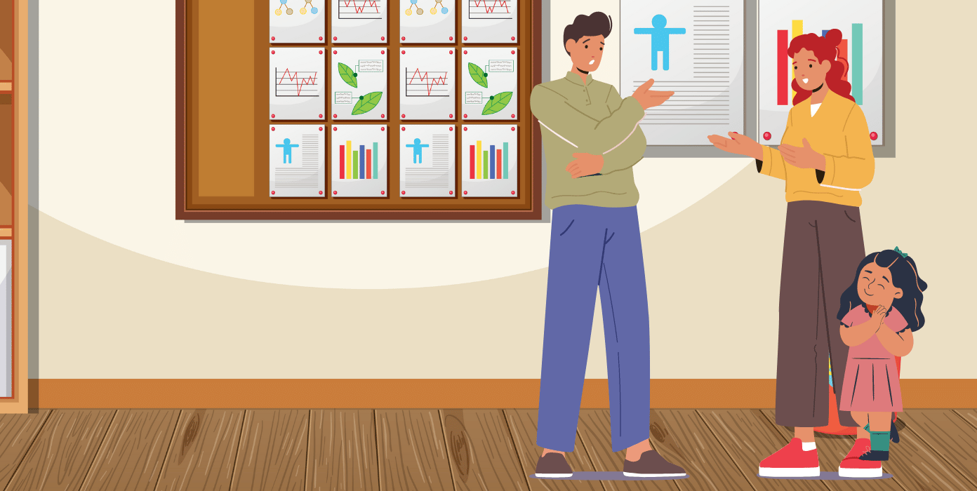 Illustration: Zwei Erwachsene und ein Kind im Flur einer Kita.