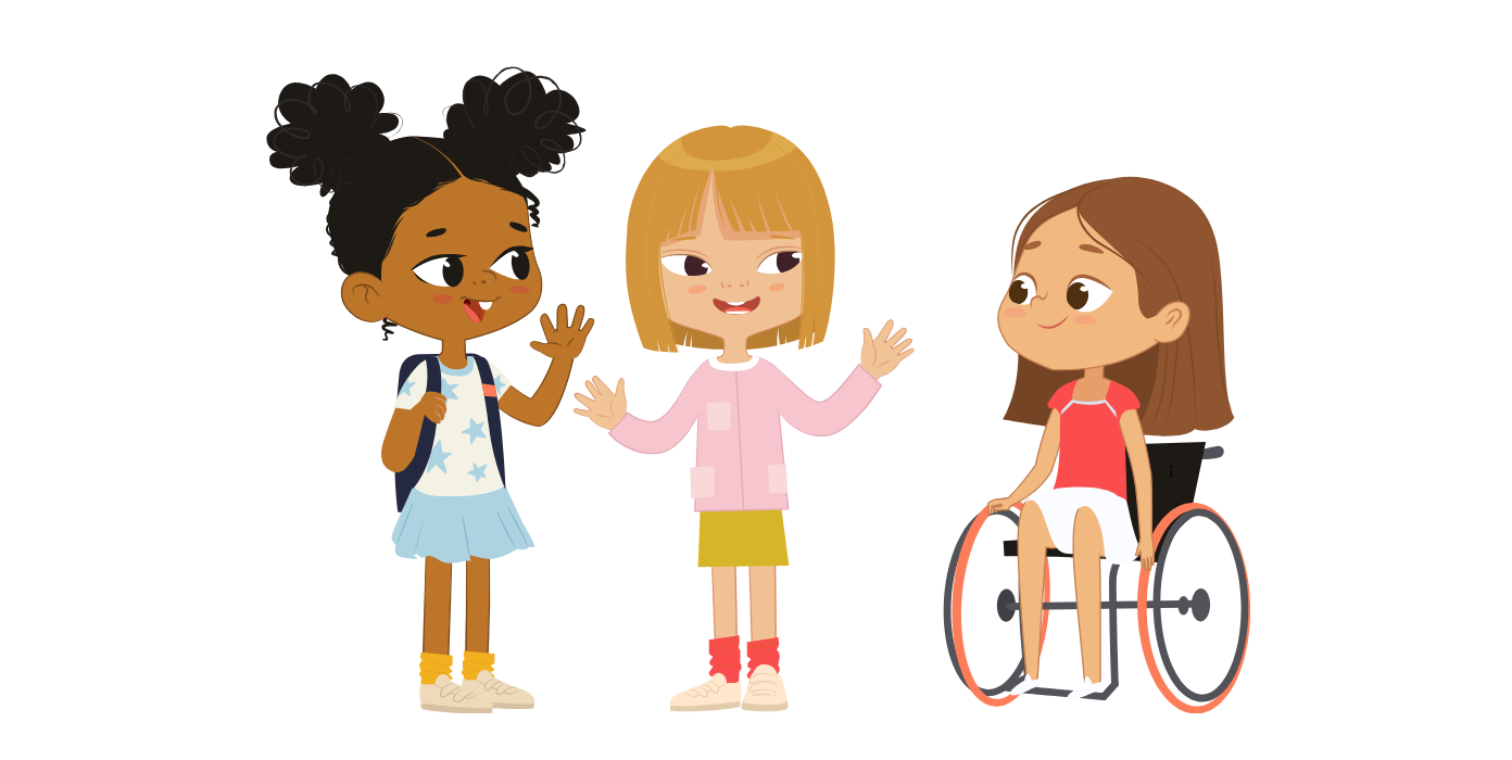 Drei Kinder, darunter ein Kind im Rollstuhl, reden miteinander