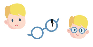 Illustration eines Kinderkopfes und einer beschädigten Brille