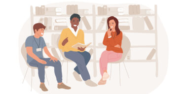 Illustration von drei Menschen in einer Coachingsituation