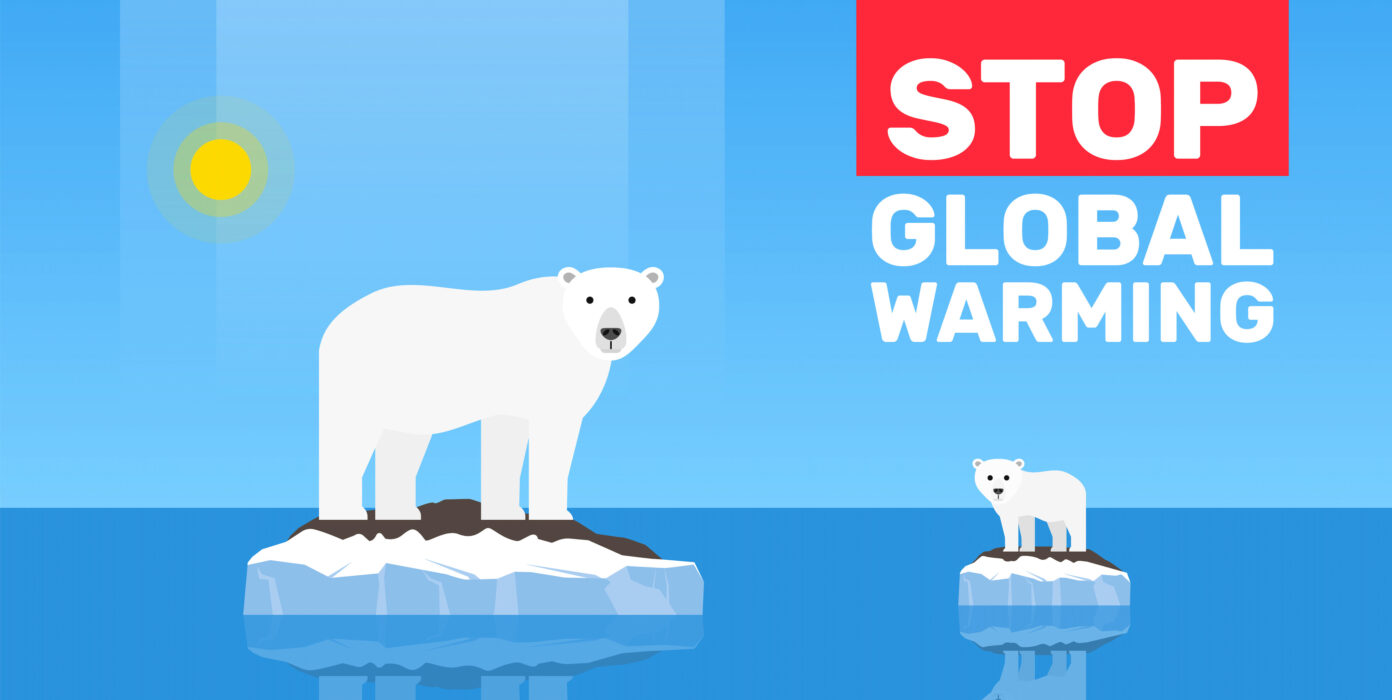 Illustration von zwei Eisbären, die auf einer Eisscholle stehen. Darüber der Text: Stop global warming