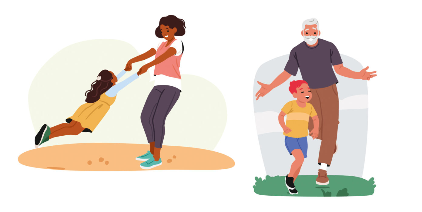 Illustration von einem Mann und einer Frau, die jeweils mit einem Kind spielen.