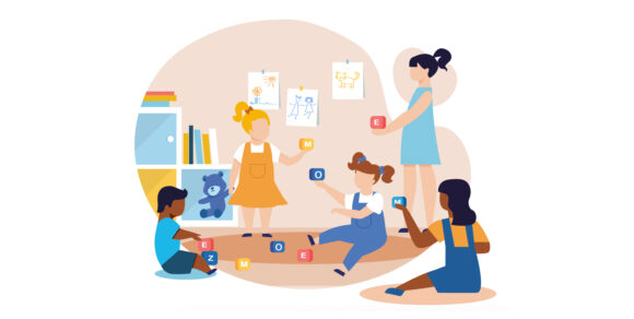 Illustration spielender Kinder mit Bauklötzen.