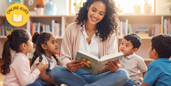 Eine junge Frau sitzt mit Kindern in einer Kita auf dem Boden und liest ihnen aus einem Buch vor