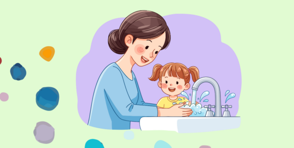 Illustration einer Frau, die sich die Hände wäscht, mit einem Kind neben ihr